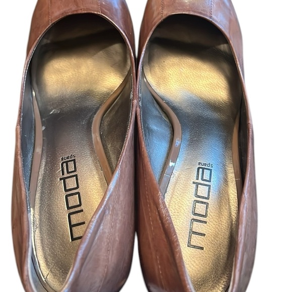 Moda Kimberly Latte Taupe Tan Platform Heel Eel Look Leather Round Toe Comfy 9.5 - Picture 13 of 15